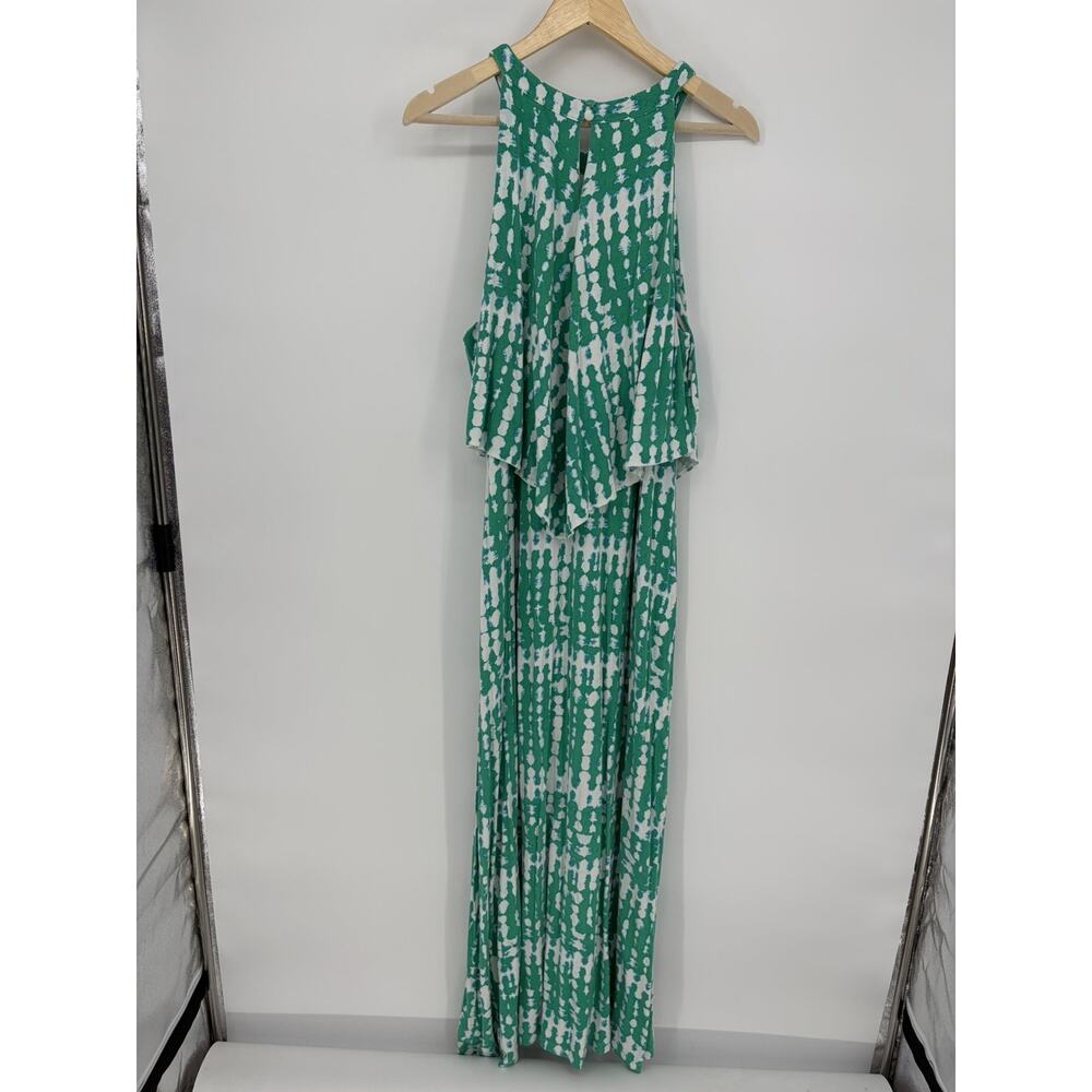 Chico’s Size XL Green White Abstract Tie Dye Halter Neck Layered Maxi Dress - Picture 3 of 9